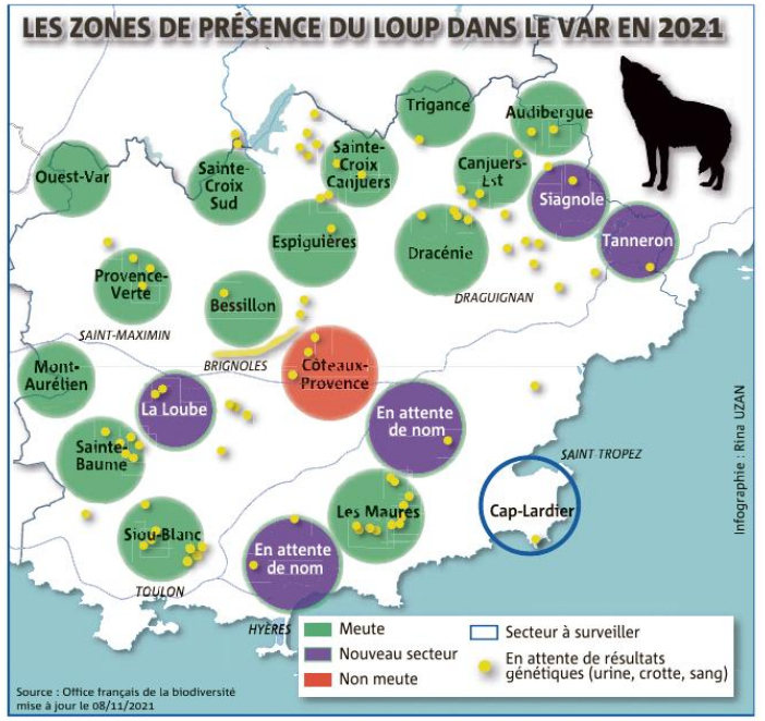 Carte loups  du Var - Source Office national de la biodiversité - mise à jour 8 novembre 2011 - Infographie : Rina Uzan