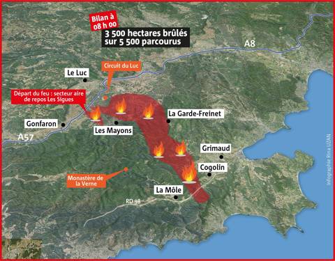 étendue de l'incendie destructeur dans le Var. Infographie Rina Uzan