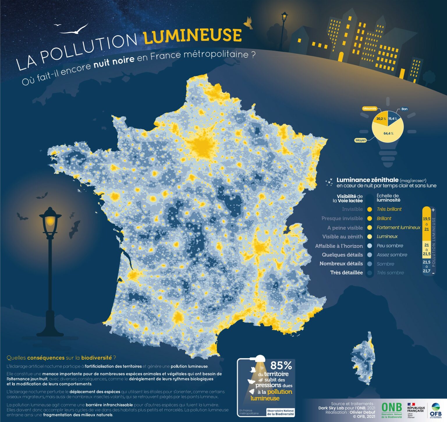 Carte de France de la pollution lumineuse. Source : FranceNature-OFB-Olivier Debuf