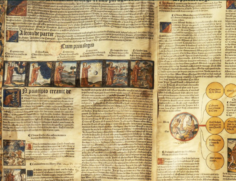Rouleau imprimé, Cronica cronicarum. Paris, François Regnault et Jacques Ferrebouc pour Jean I Petit, 1521 - Vélin 55 x 531 cm. BnF, Réserve des livres rares, Rés. Vélins-15 et 16
